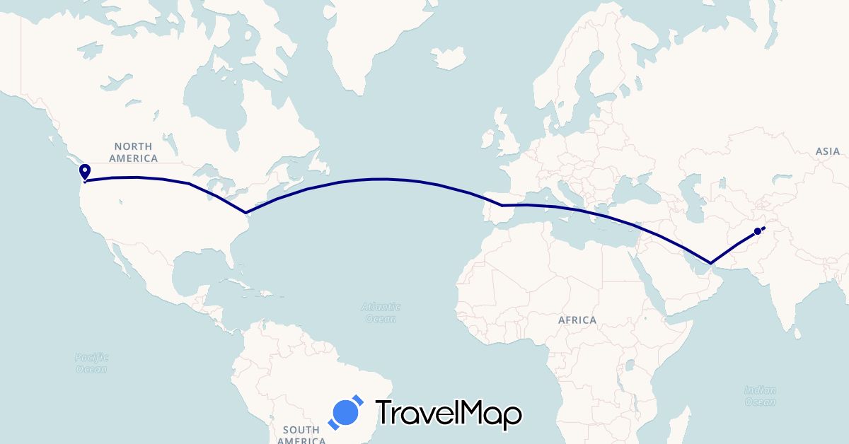 TravelMap itinerary: driving in Afghanistan, Spain, Iran, United States (Asia, Europe, North America)